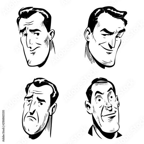  Black Silhouettes Set of Retro Cartoon Man Face