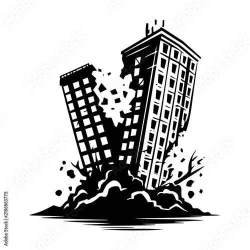  Black Silhouettes of Earthquake Broken Building