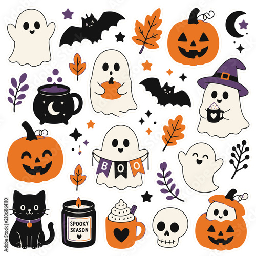 Halloween Sticker Sheet Featuring Ghosts Pumpkins Black Cat Bats and Spooky Fall Elements