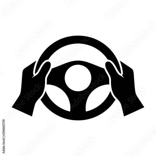 Hands holding steering wheel, driving concept, vehicle control, transportation symbol