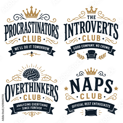 Vintage Style Typography Emblems Featuring Funny Club Concepts and Decorative Ribbons