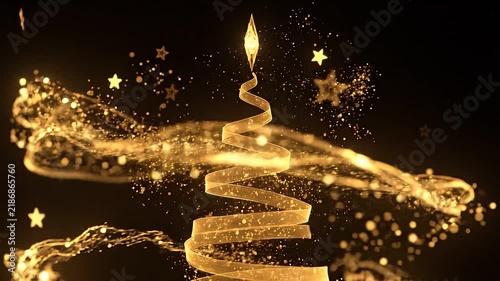 Abstract gold christmas tree silhouette with ribbon and sparkles on black background