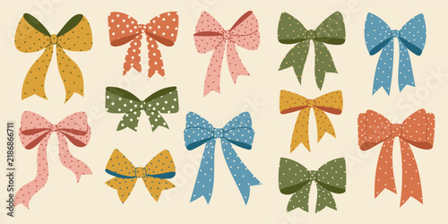 Retro polka dot bows collection. Hand drawn vector autumn colors ribbon gift elements. Vintage patterned bows decorative illustration