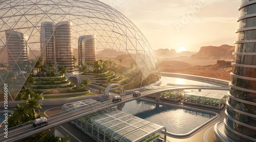 Futuristic domed city landscape with sustainable architecture and advanced urban design.