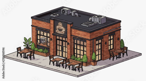 Industrial Chic Coffee Shop Exterior with Rustic Brick Aesthetic Outdoor Seating and Modern Neon Coffee Cup Sign