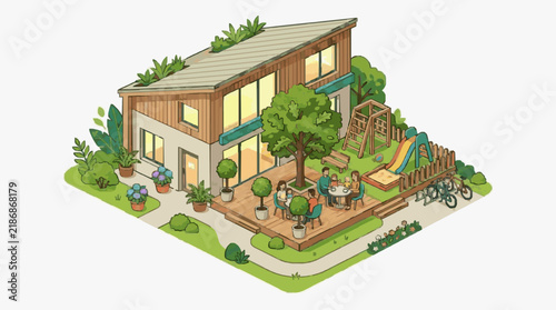 Industrial Chic Tiny Home with Eco Friendly Play Area and Modern Outdoor Living Space Featuring Wooden Deck Greenery and Family Activities
