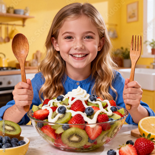 A cheerful young girl presents a vibrant bowl of fresh fruit salad topped with creamy dressing in a bright kitchen.