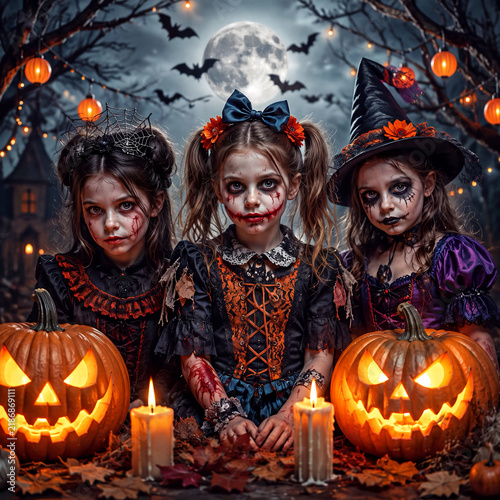 Chilling Halloween Night Featuring Three Girls in Spooky Costumes with Jack-o'-lanterns and Flying Bats Under a Full Moon