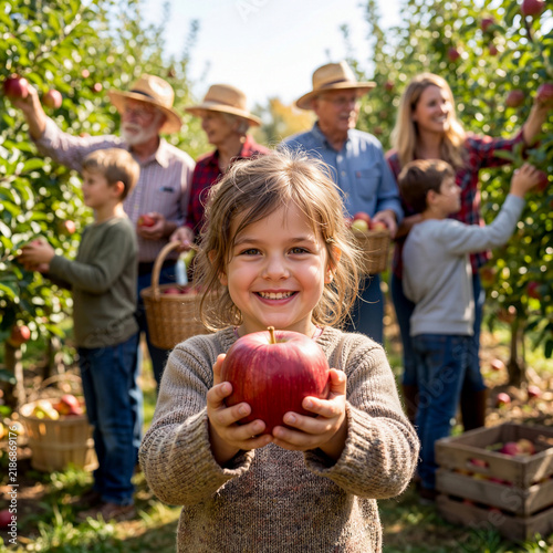A bright-eyed little girl holds up a vibrant red apple, beaming with happiness amidst her family enjoying an autumn apple orchard day.