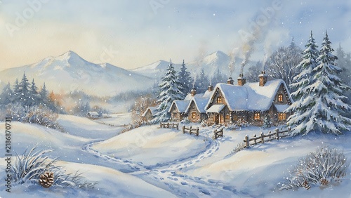 A serene watercolor painting of cozy cottages nestled in a snowy mountain village during a quiet winter morning, created with generative AI.