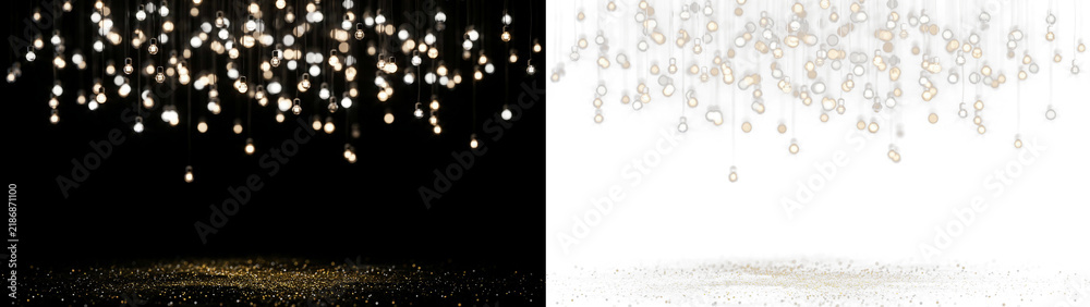Fototapeta premium Festive background with hanging glowing light bulbs and golden glitter on the floor, split view with black and transparent backgrounds