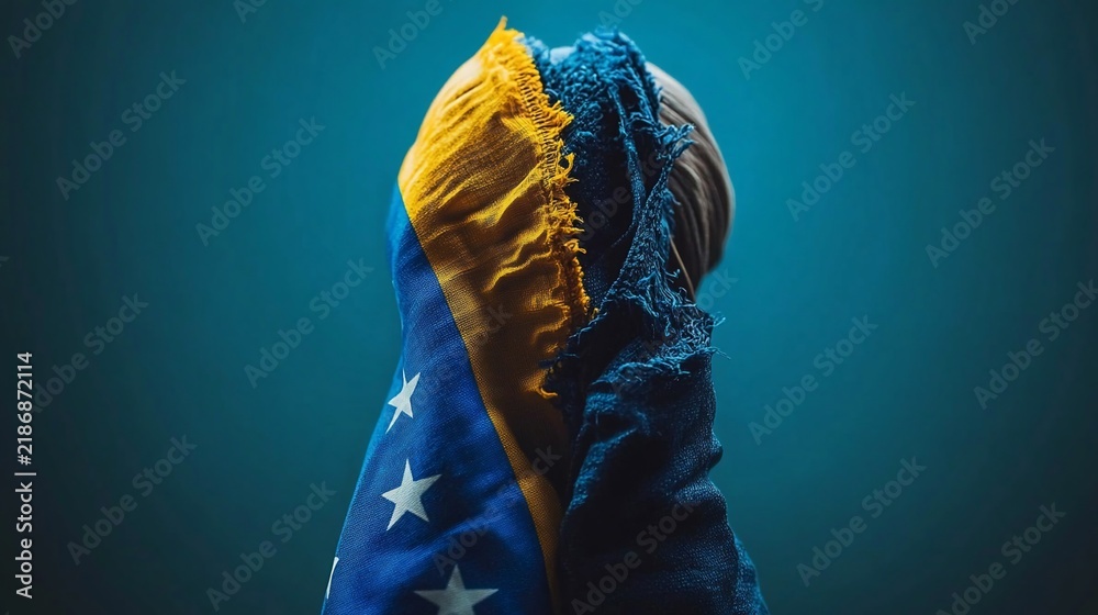 Obraz premium Close-up of a person holding a partially torn flag against a teal backdrop