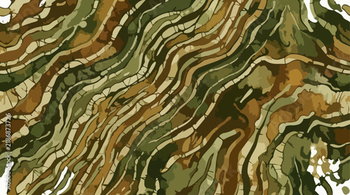 Abstract camouflage pattern with organic, flowing lines in earthy tones of green, brown, and beige.