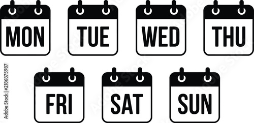 Bild auf Leinwand Weekly calendar days, weekday schedule icons, Monday through Sunday symbols, pla