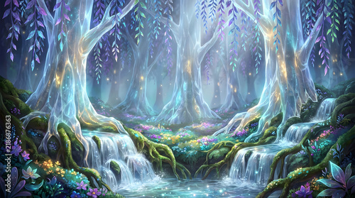 Enchanted magical forest stream with glowing trees and mystical waterfall.