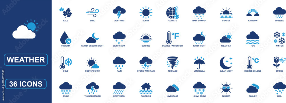 Obraz premium Weather Solid Icon Set for Forecast and Meteorology Featuring Sun, Rain, Cloud, Snow, Storm, Temperature, Wind, Moon, Climate, Humidity, Fog and Editable Professional Vector Symbols