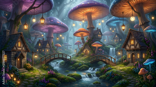 Enchanted mushroom village with glowing houses and fairy lights.