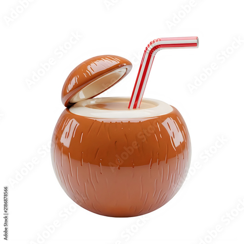 Orange coconut with colorful straw isolated on transparent background