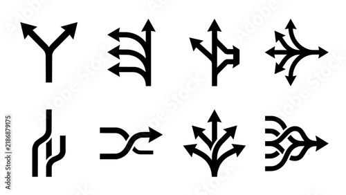 Set of black divergent and convergent directional path arrows