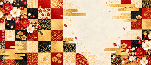 Tapety artystyczne 紅白の花と市松模様を華やかにあしらった金色のコピースペース付き和風背景