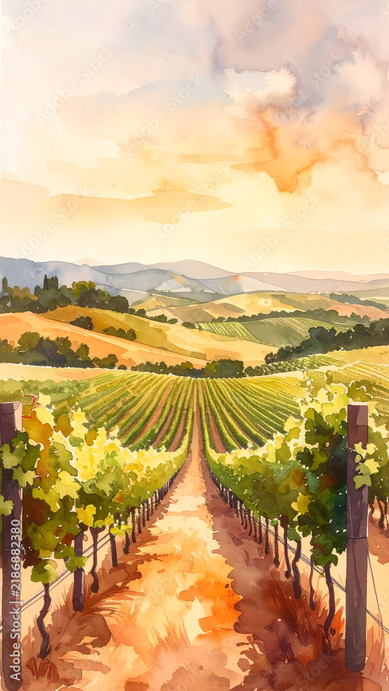 Fototapeta premium Vertical watercolor vineyard landscape stacked from foreground to distant hills showing soft warm mood generative AI