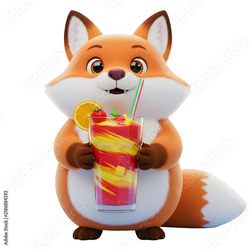 Cute cartoon fox holding colorful ice cream cone isolated on transparent background