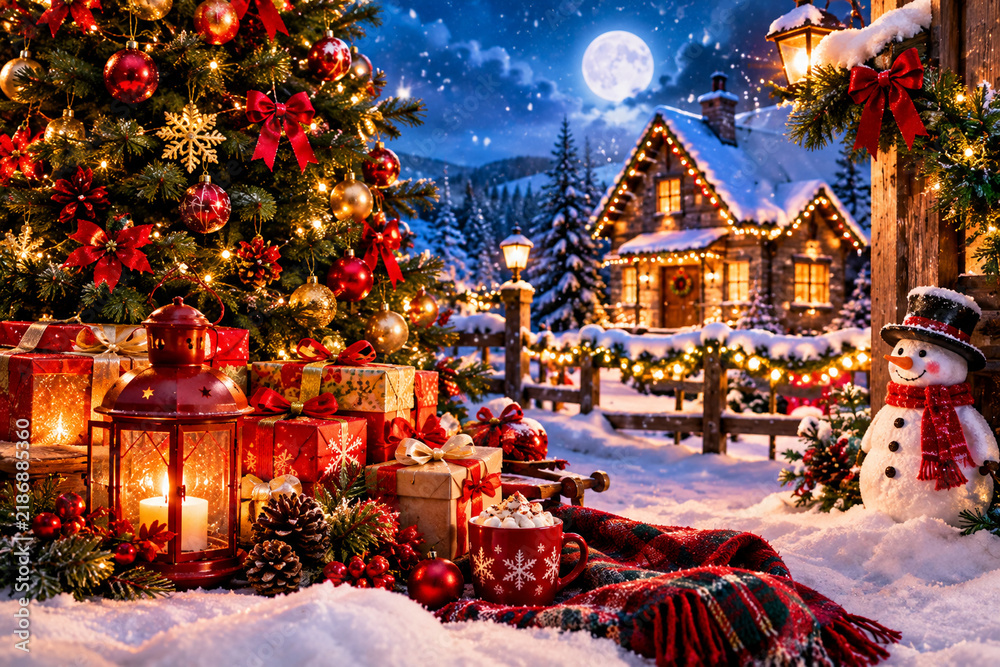 Fototapeta premium Magical Christmas Winter Scene with Decorated Tree, Gifts and Snowy Cottage