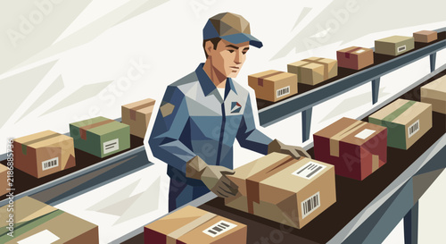 Delivery Worker Manages Package Conveyor Belt with Parcels