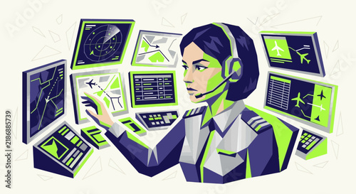 Female air traffic controller at busy control panel, aviation communication