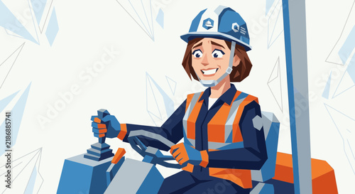 Female construction worker operating heavy machinery, smiling, safety vest, hard hat