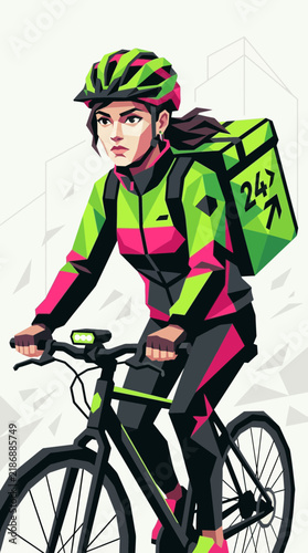 Female cyclist delivering food with insulated backpack in city