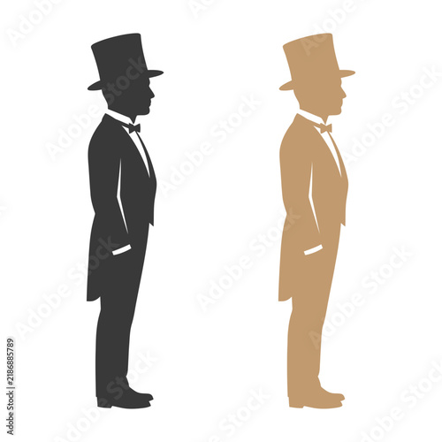 Two elegant men in top hats facing each other side profile
