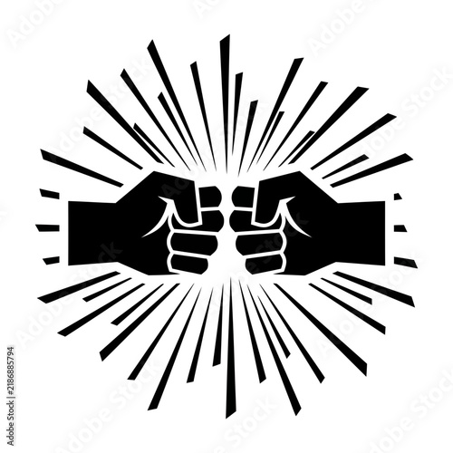 Fists clashing in black and white with explosive lines around