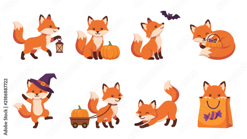 Obraz premium Halloween Fox Character Pose Set Vector Illustration, Lantern Pumpkin Bat Cart Stretching Cute Animal Flat Design Isolated