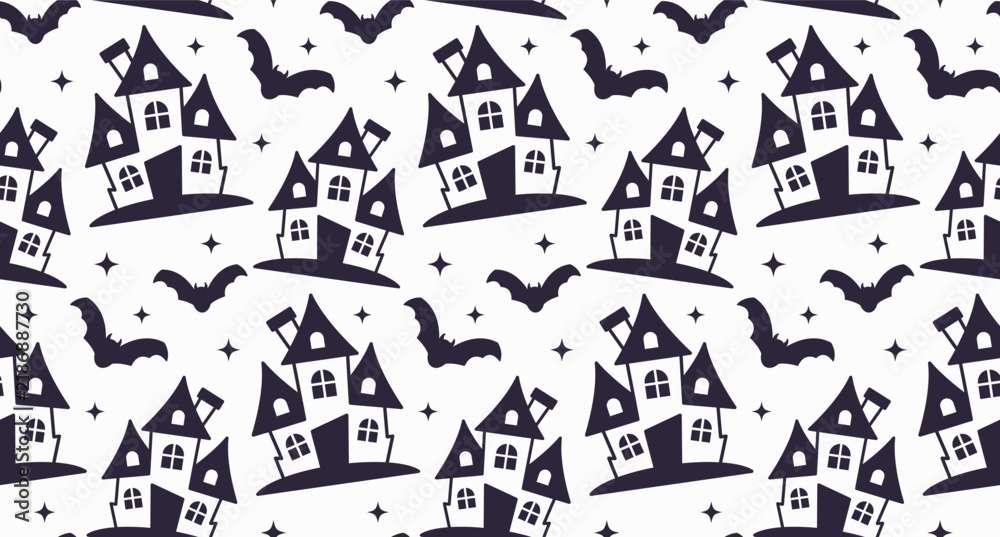 Fototapeta premium Seamless pattern featuring spooky haunted houses and flying bats for Halloween.