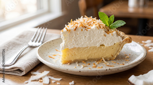 Coconut cream pie slice sits on a ceramic plate garnished with fresh green mint leaves.
