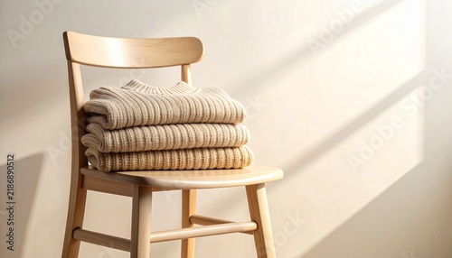 Folded knit sweater stacked on a wooden chair in warm sunlight