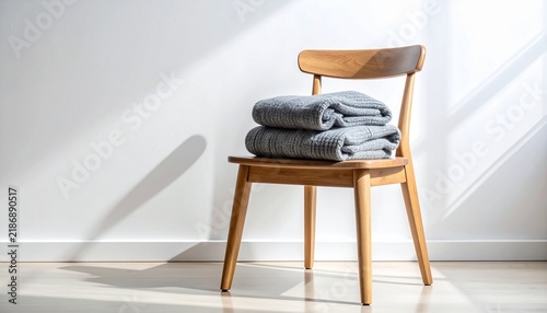 Folded Gray Wool Blanket Resting on a Minimalist Wooden Chair at Home