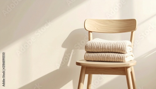 Minimalist Wooden Chair with Stacked Knitted Blankets in Sunlit Room