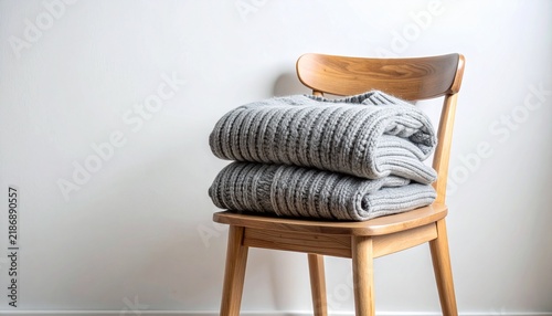 Soft Grey Knitted Sweaters Stacked Neatly on a Minimalist Wooden Chair