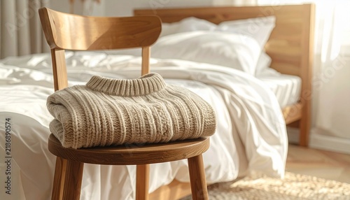 Cozy Beige Knitted Sweater Folded Neatly on a Wooden Bedroom Chair
