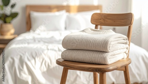Cozy Knitted Sweater Folded on a Wooden Chair in a Bedroom