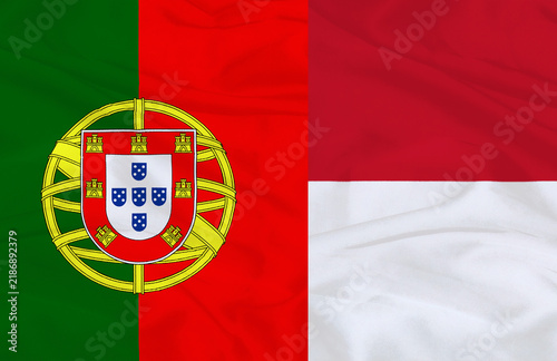 Portugal and Indonesia Flags Together Waving Fabric Texture