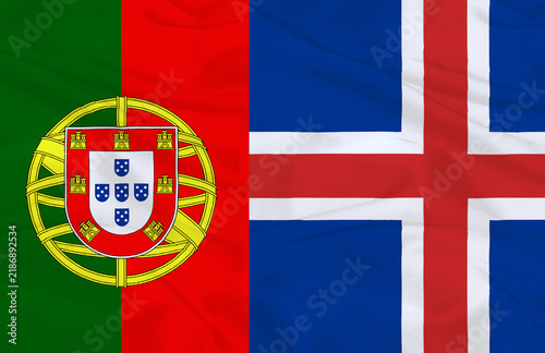 Portugal and Iceland Flags Together Waving Fabric Texture
