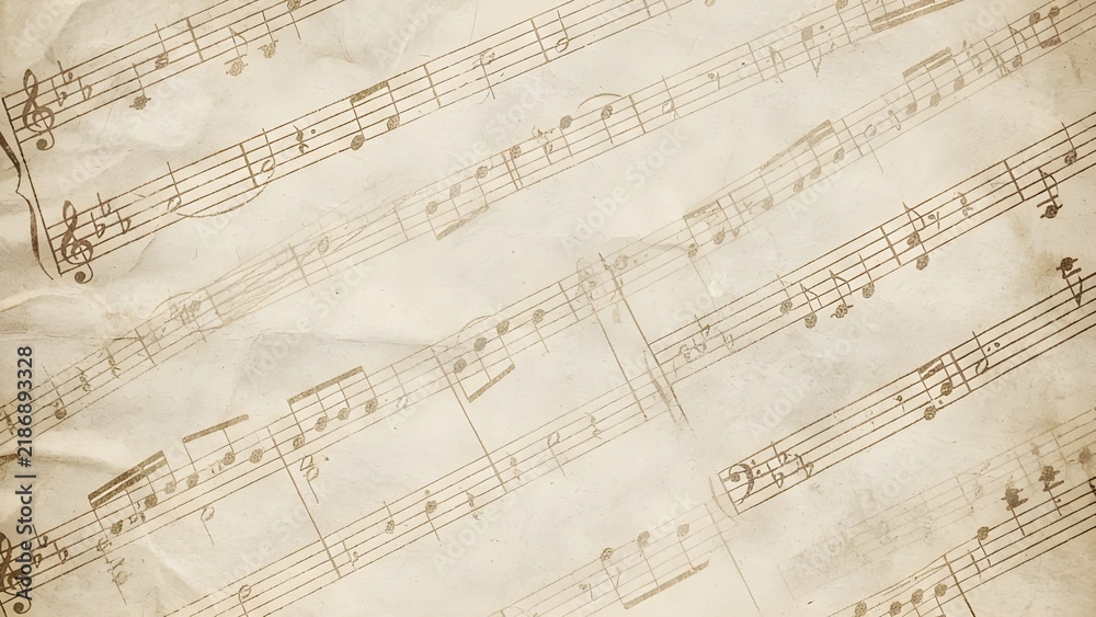 Fototapeta premium 오래된 종이 질감 위에 은은하게 인쇄된 빈티지 음악 악보와 오선지 Vintage musical score and staff printed softly on an aged paper texture