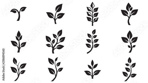 Tree Branch Leaf Silhouette Vector Icon Set Plant Sprout Logo Design