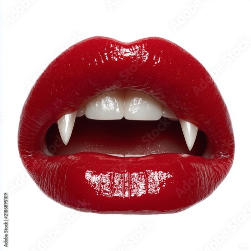 Glossy red vampire lips with sharp fangs isolated on white background