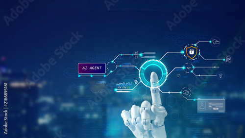 AI agent cybersecurity system with robotic hand controlling digital security network. Represents intelligent threat detection, automated protection, data security and AI powered cyber defense.