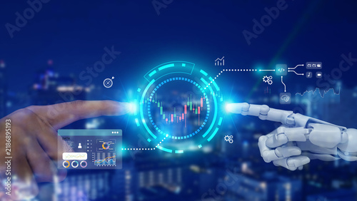 Human and AI collaborating on financial market analysis with digital trading charts and data. Represents AI assisted investment, fintech, stock analytics and intelligent decision making.