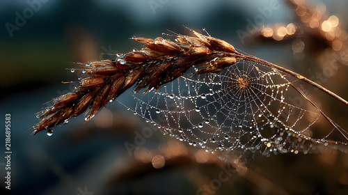 Dewy grass seed displaying sparkling spiderweb patterns Pictures